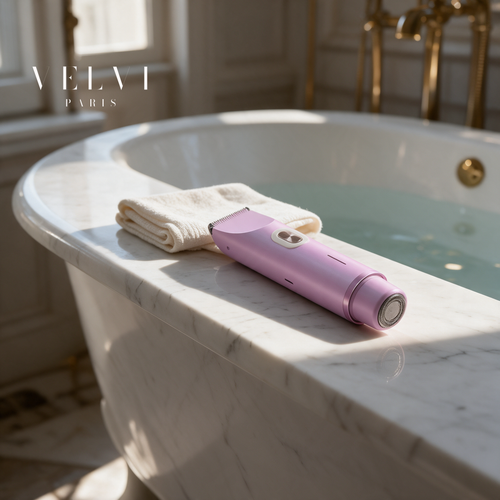 L'appareil corps double tête VELVI PARIS sur un rebord de baignoire en marbre