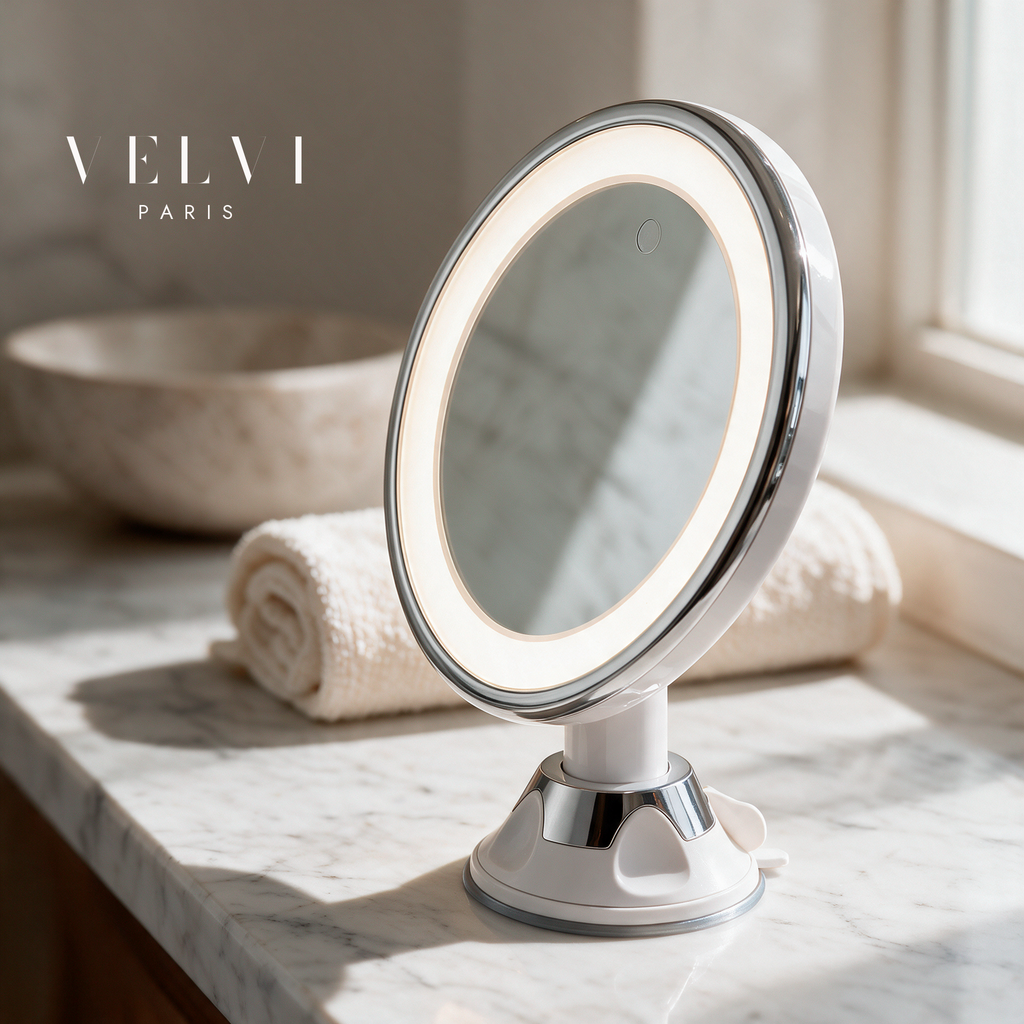 Le miroir grossissant 10× VELVI PARIS posé sur un plan de marbre, à côté d'une serviette et d'une vasque en pierre