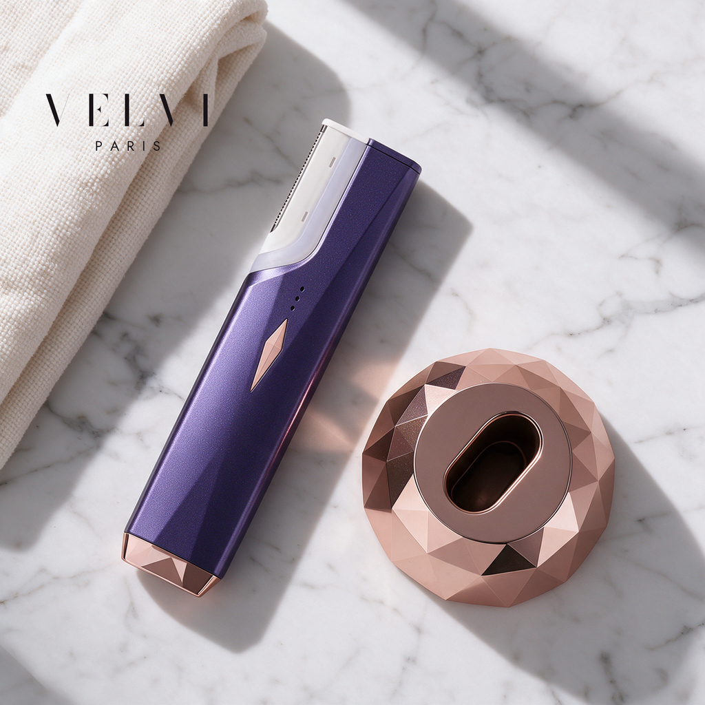 L'appareil de dermaplaning VELVI PARIS et son socle de charge vus du dessus